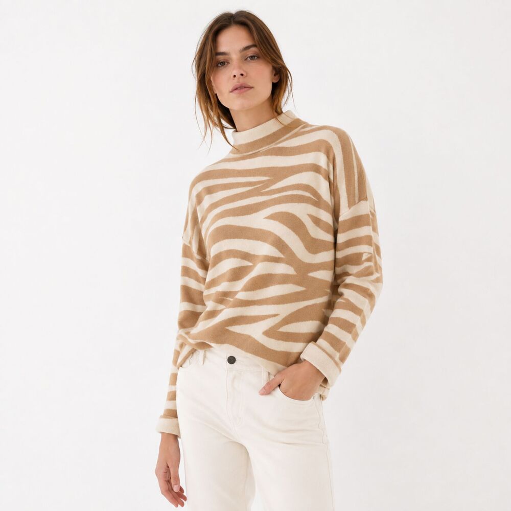 Tribal Jeans Zebra Print Mock Neck Sweater Tan Cream Soft Oversized Pullover S